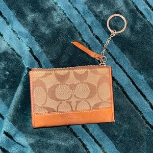Coach Vintage Signature Brown and Tan Zipper Keychain wallet Vachetta leather